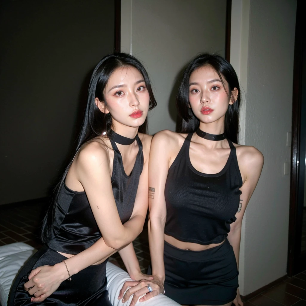 best quality, ultra high res, (photorealistic:1.4), pretty girl, tanktop black shirt, black tight skirt, black choker, (faded ash gray hair:1), medium breasts, looking at viewer, closeup, (pretty face) , southeast asia girl.