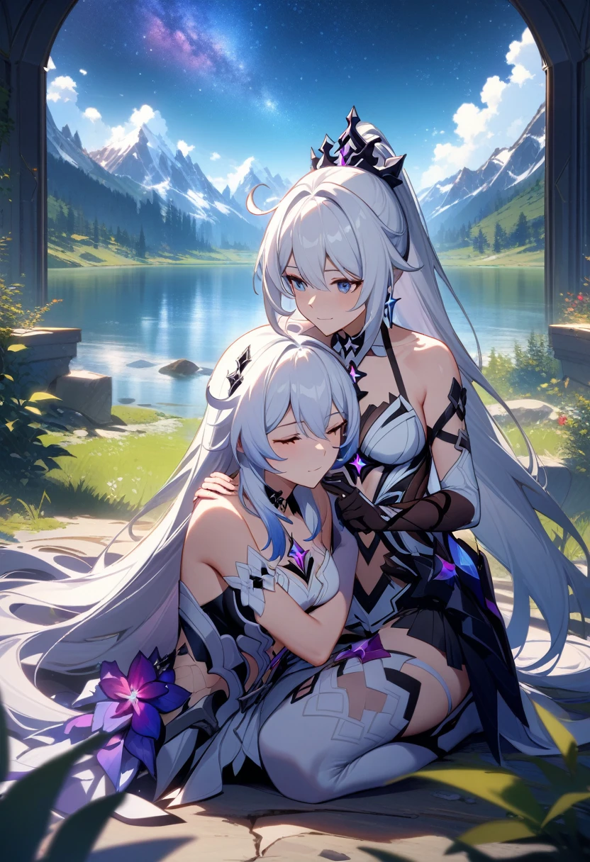 a beautiful detailed yuri scene of 2girls, Kiana Kaslana \(Herrscher of Finality)\ and Raiden Mei \(APHO)\, (Honkai Impact 3rd), very long hair, ponytail, (lap pillow:1.5), in a scenic landscape with mountains, a lake, and a starry nebula sky, romantic atmosphere, the girls sitting facing away from the camera, head resting on each other's shoulders, (best quality,4k,8k,highres,masterpiece:1.2),ultra-detailed, studio lighting, extremely detailed environment, vibrant colors, cinematic lighting