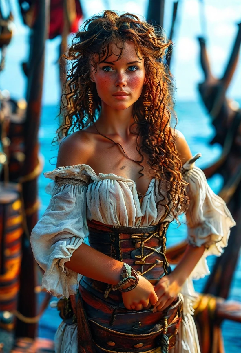 Gorgeous pirate girl on a pirate ship at sea, brown curly hair, oily skin, sexy masterpiece, best quality, highest quality, high definition, highly detailed, 8K, athletic and fit body, naughty, perfect hands, detailed hands, perfect eyes, detailed eyes, flirty, sexy, realistic, HDR, UHD, dynamic, cleavage