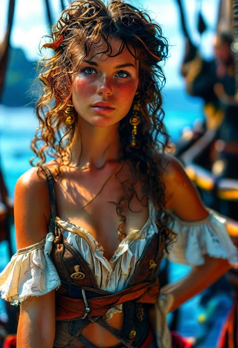 Gorgeous pirate girl on a pirate ship at sea, brown curly hair, oily skin, sexy masterpiece, best quality, highest quality, high definition, highly detailed, 8K, athletic and fit body, naughty, perfect hands, detailed hands, perfect eyes, detailed eyes, flirty, sexy, realistic, HDR, UHD, dynamic, cleavage