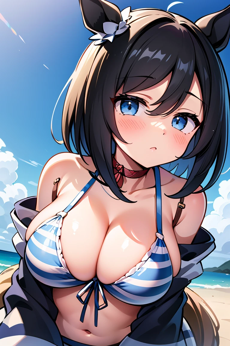 (((big ,巨大なchest)))Object Helium | Uma Musume: Pretty Derby,Browsing Caution,1 girl,,,chest,尖ったchest,chestの谷間,Underbust,Side Bust Barbosa,(blush),((Embarrassing)),Spread and masturbate(((White and light blue striped bikini)))round 1(((chestを持ち上げる)))((View from below、View from below)),((((巨大なchest)))),Beach,On all fours