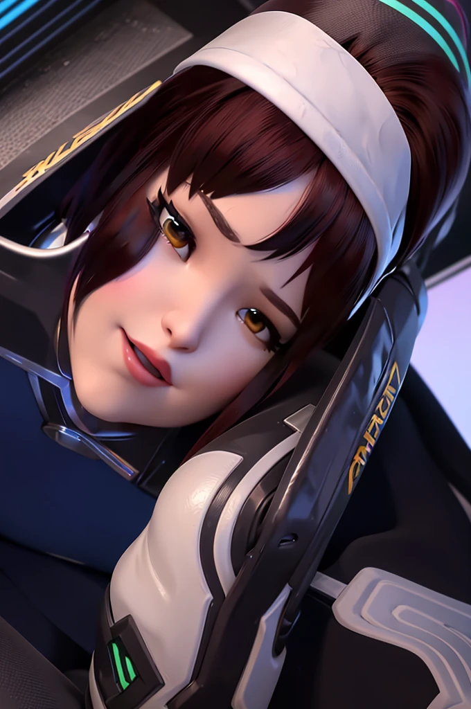 realistic, realism, photorealism, photo-realistic, high contrast, (photorealistic:1.4), 8k high definition detailed realistic, (best quality, masterpiece:1.2), NSFW, photon mapping, radiosity, physically-based rendering, best quality, highly detailed, 1 woman, d.and \(overwatch\), full body, bodysuit, We see viewer, laugh, ((Latex miniskirt)), (((쪼and 앉아 다리를 벌려 보지를 보여준다)))