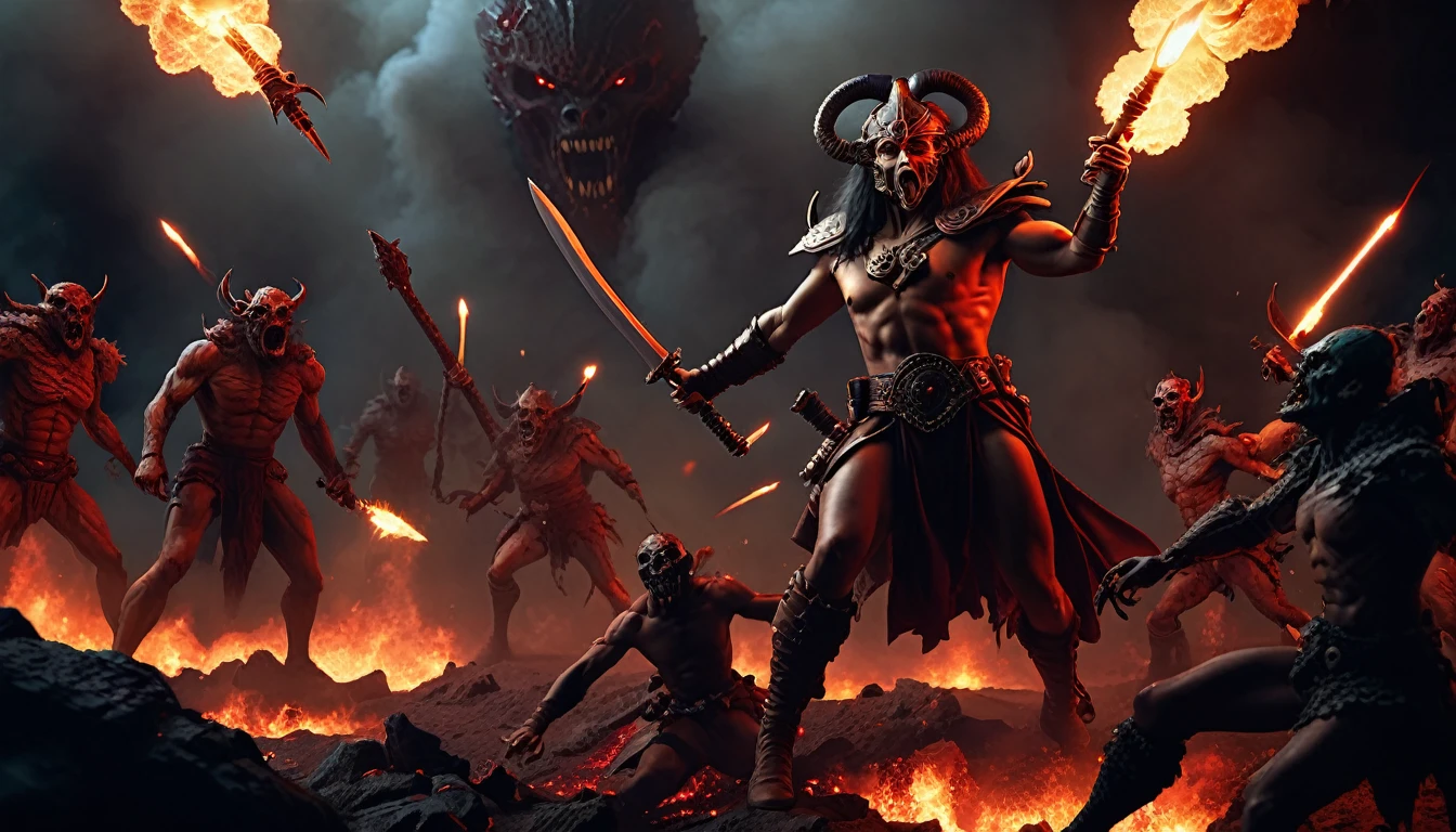 (3D rendering:3.1) in (medium full shot:3.1) in (high-angle aerial view:3.1) of lot of characters from a movie for slave girls from beyond infinity, inspired by Clyde Caldwell and Greg Rutkowski art, barbarian warriors with sword in battles against space creatures, monsters, daemons, aliens, mutant, with explosions, smoke and fire, (with Creepy, Sci-Fi, Fantasy and Horror:2.9) retro sci fi, Horror movie, very detailed body, moody, epic, (intricate details: 2.4), ( hyperdetail: 3.1), (8k resolution: 3.1), (high detail: 4.1), lots of details, high quality, soft light (cinematic: 3.3), masterpiece, dramatic atmosphere, atmospheric perspective, (impactful art: 2.8), rich colors, 3D rendering
