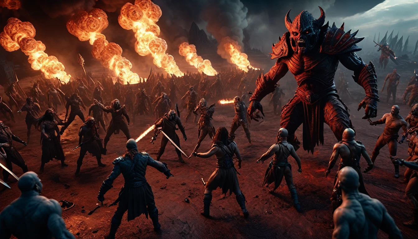 (3D rendering:3.1) in (medium full shot:3.1) in (high-angle aerial view:3.1) of lot of characters from a movie for slave girls from beyond infinity, inspired by Clyde Caldwell and Greg Rutkowski art, barbarian warriors with sword in battles against space creatures, monsters, daemons, aliens, mutant, with explosions, smoke and fire, (with Creepy, Sci-Fi, Fantasy and Horror:2.9) retro sci fi, Horror movie, very detailed body, moody, epic, (intricate details: 2.4), ( hyperdetail: 3.1), (8k resolution: 3.1), (high detail: 4.1), lots of details, high quality, soft light (cinematic: 3.3), masterpiece, dramatic atmosphere, atmospheric perspective, (impactful art: 2.8), rich colors, 3D rendering