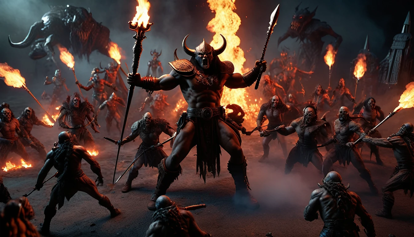 (3D rendering:3.1) in (medium full shot:3.1) in (high-angle aerial view:3.1) of lot of characters from a movie for slave girls from beyond infinity, inspired by Clyde Caldwell and Greg Rutkowski art, barbarian warriors with sword in battles against space creatures, monsters, daemons, aliens, mutant, with explosions, smoke and fire, (with Creepy, Sci-Fi, Fantasy and Horror:2.9) retro sci fi, Horror movie, very detailed body, moody, epic, (intricate details: 2.4), ( hyperdetail: 3.1), (8k resolution: 3.1), (high detail: 4.1), lots of details, high quality, soft light (cinematic: 3.3), masterpiece, dramatic atmosphere, atmospheric perspective, (impactful art: 2.8), rich colors, 3D rendering