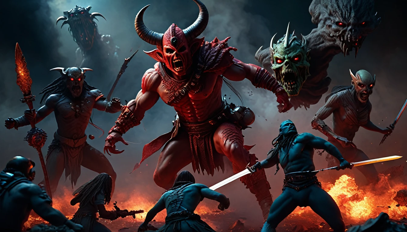 (3D rendering:3.1) in (medium full shot:3.1) in (high-angle aerial view:3.1) of lot of characters from a movie for slave girls from beyond infinity, inspired by Clyde Caldwell and Greg Rutkowski art, barbarian warriors with sword in battles against space creatures, monsters, daemons, aliens, mutant, with explosions, smoke and fire, (with Creepy, Sci-Fi, Fantasy and Horror:2.9) retro sci fi, Horror movie, very detailed body, moody, epic, (intricate details: 2.4), ( hyperdetail: 3.1), (8k resolution: 3.1), (high detail: 4.1), lots of details, high quality, soft light (cinematic: 3.3), masterpiece, dramatic atmosphere, atmospheric perspective, (impactful art: 2.8), rich colors, 3D rendering