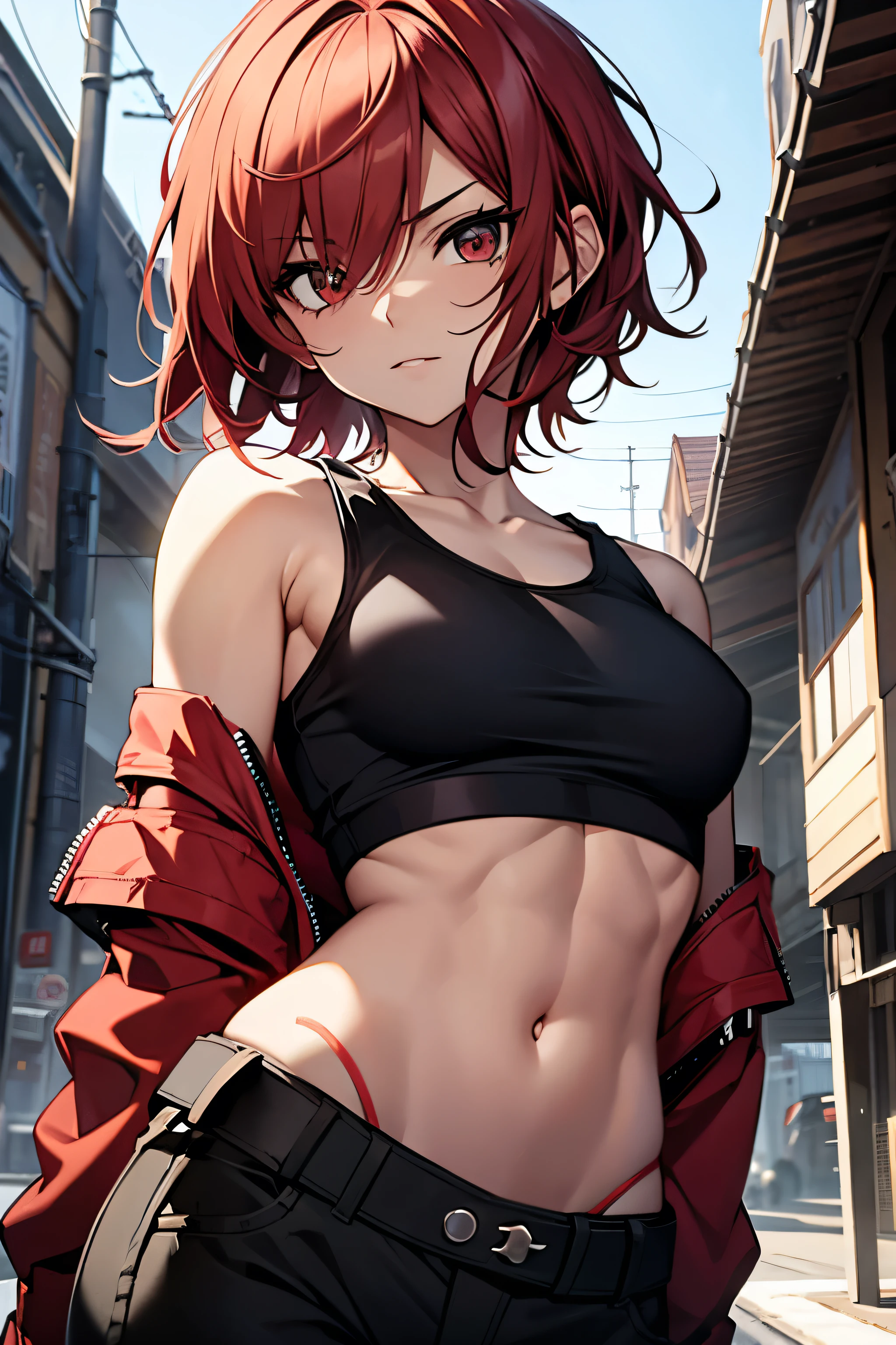 Anime Short red hair Boyish Small breasts Black tank top Navel-baring abs Girl Red long sleeves and pants