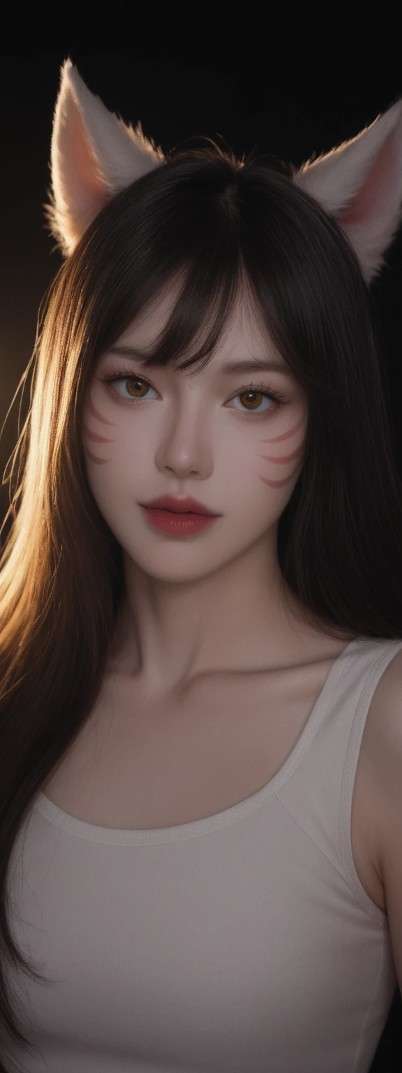 cinematic film, Realistic photograph,realistic, score_9, score_8_up, score_7_up, score_6_up, 
1girl, solo, from front, upper body, Ahri \(league of legends\), black background, makeup, sidelighting, backlighting, glowing,