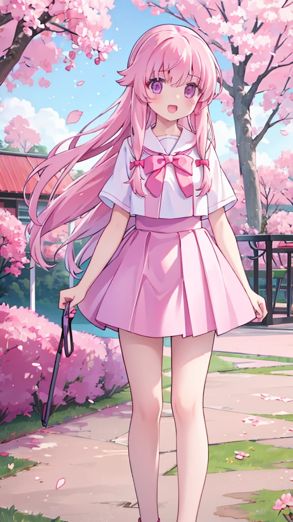 1girl solo pink hair, pink eyes with love, detailed eyes, straight hair, long hair, straight bangs, shiny hair,
,red bowtie,purple skirt,purple shirt,pleated skirt,short sleeves,looking at the bottom, laughter , open mouth, pink sakura trees and pink grass, in the middle of the sakura trees, walking in the pink grass with pink flower petals on the ground high-definition,masterpiece, masterpiece, best quality, high resolution, aabeta, double, slim waist, cute, sailor uniform, sweet cute smile, happy, open mouth smile (PastelColors: 1.3)