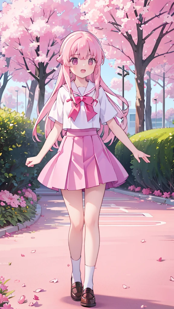 1girl solo pink hair, pink eyes with love, detailed eyes, straight hair, long hair, straight bangs, shiny hair,
,red bowtie,purple skirt,purple shirt,pleated skirt,short sleeves,looking at the bottom, laughter , open mouth, pink sakura trees and pink grass, in the middle of the sakura trees, walking in the pink grass with pink flower petals on the ground high-definition,masterpiece, masterpiece, best quality, high resolution, aabeta, double, slim waist, cute, sailor uniform, sweet cute smile, happy, open mouth smile (PastelColors: 1.3)