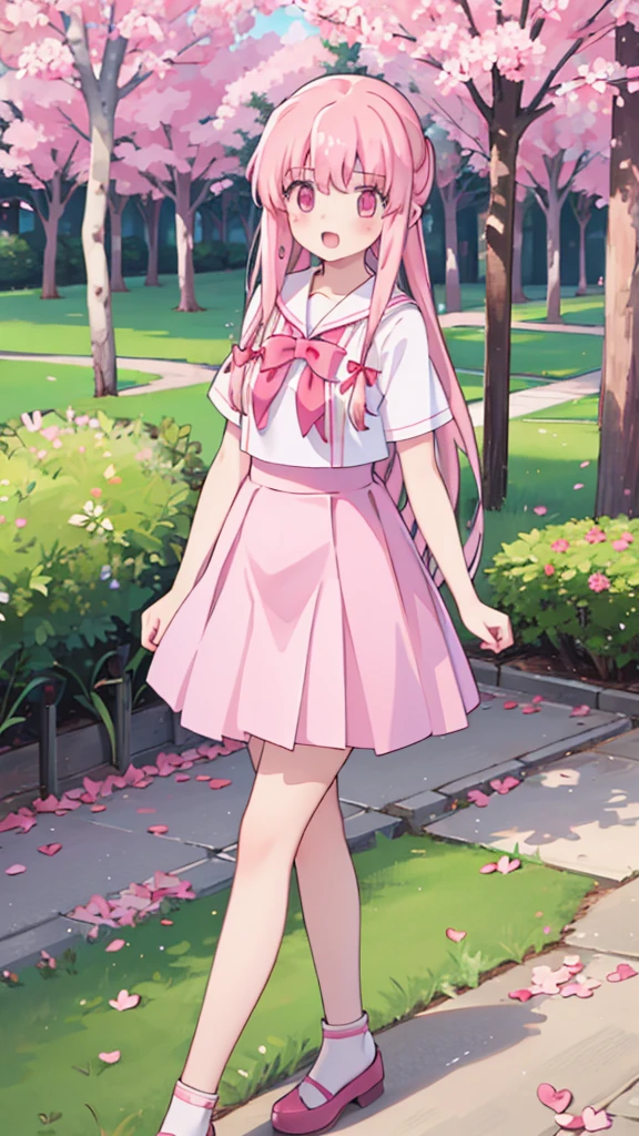 1girl solo pink hair, pink eyes with love, detailed eyes, straight hair, long hair, straight bangs, shiny hair,
,red bowtie,purple skirt,purple shirt,pleated skirt,short sleeves,looking at the bottom, laughter , open mouth, pink sakura trees and pink grass, in the middle of the sakura trees, walking in the pink grass with pink flower petals on the ground high-definition,masterpiece, masterpiece, best quality, high resolution, aabeta, double, slim waist, cute, sailor uniform, sweet cute smile, happy, open mouth smile (PastelColors: 1.3)