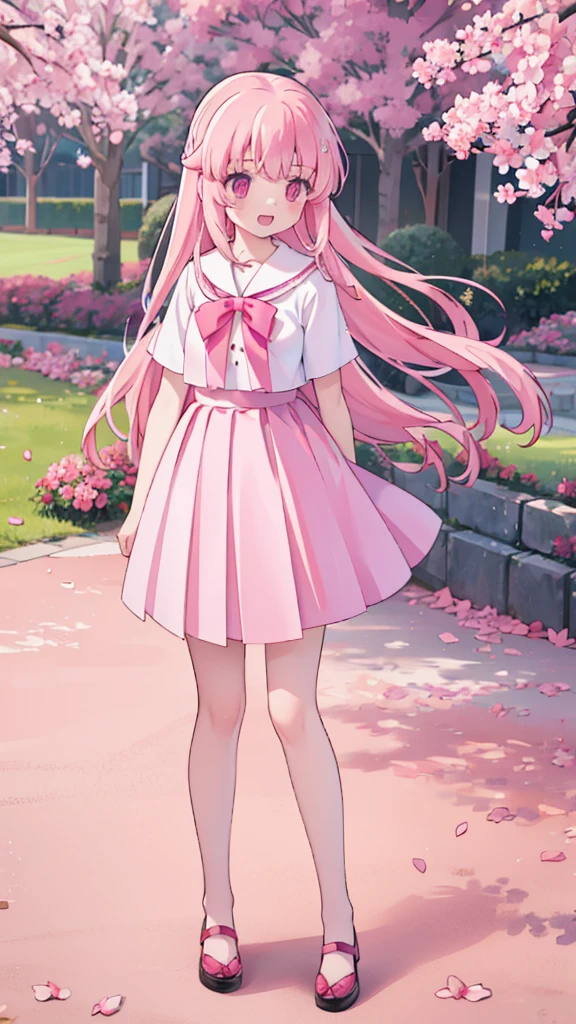 1girl solo pink hair, pink eyes with love, detailed eyes, straight hair, long hair, straight bangs, shiny hair,
,red bowtie,purple skirt,purple shirt,pleated skirt,short sleeves,looking at the bottom, laughter , open mouth, pink sakura trees and pink grass, in the middle of the sakura trees, walking in the pink grass with pink flower petals on the ground high-definition,masterpiece, masterpiece, best quality, high resolution, aabeta, double, slim waist, cute, sailor uniform, sweet cute smile, happy, open mouth smile (PastelColors: 1.3)