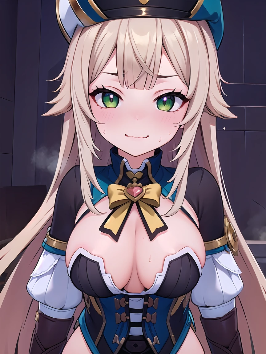 ((masterpiece, best quality)), high resolution,ultra detailed,8k,16k,detailed background, perfect lighting,detailed beautiful eyes, 1girl,solo,nsfw,embarrassed,blush,in heat,naughty face,look at viewer,face focus,((steam,sweat,from front,upper body)),seductive eyes,fisheye lens,be breathless,(show off nipple),confused smile,wavy mouth,((tops lift)),
,(pale skin, body,medium breast,kawaii,age,kirara,blond hair,green eyes,long hair,hat,brown boots,brown gloves)
