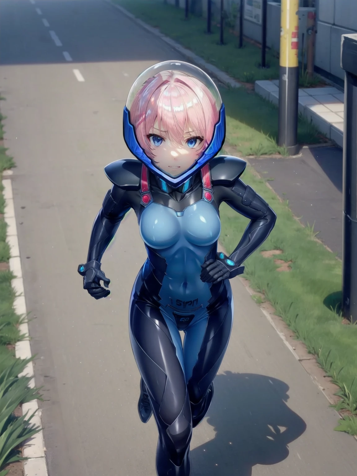 short hair, pink hair, street, emo,pink eyes, eyeliner, fortified suit, ((blue:1.5) plugsuit), short hair, (running fast:1.6),sweaty,clenched teeth,marathon event,looking ar forward,1),,asuka langley soryu, (souryuu asuka langley:1.2), short hair, bangs, blue eyes, brown hair, bodysuit, pilot suit, plugsuit, (red bodysuit:1.5, bubble helmet space helmet, from above