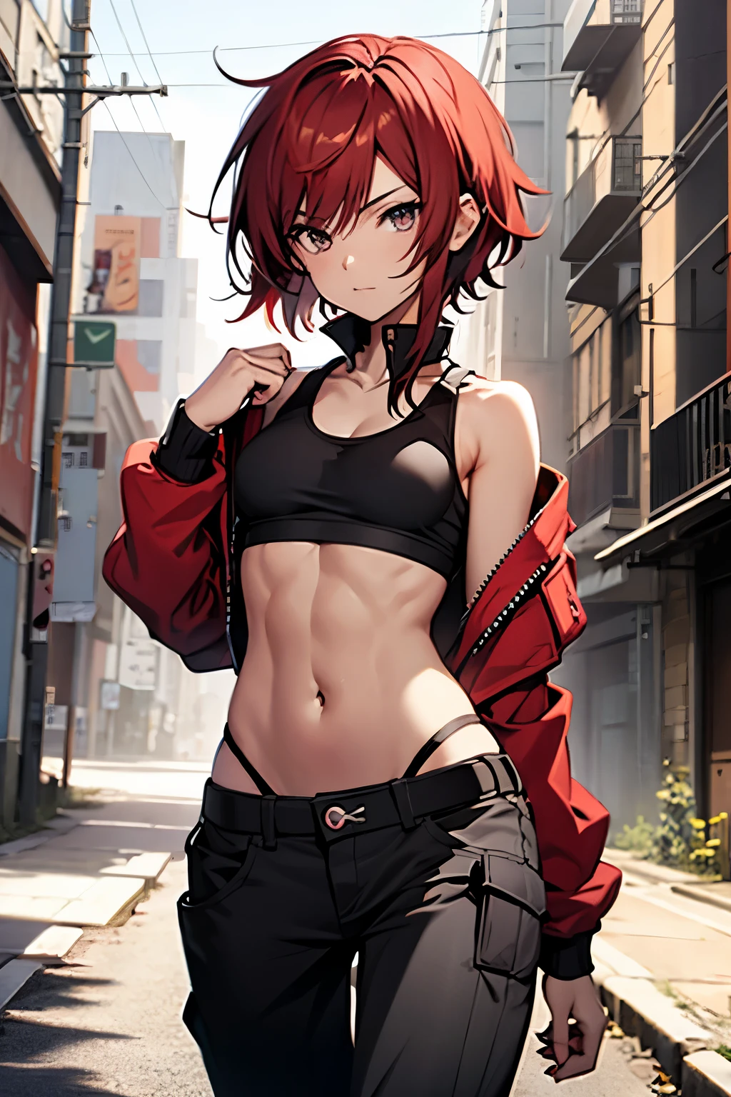 Anime Short red hair Boyish Small breasts Black tank top Navel-baring abs Girl Red long sleeves and pants