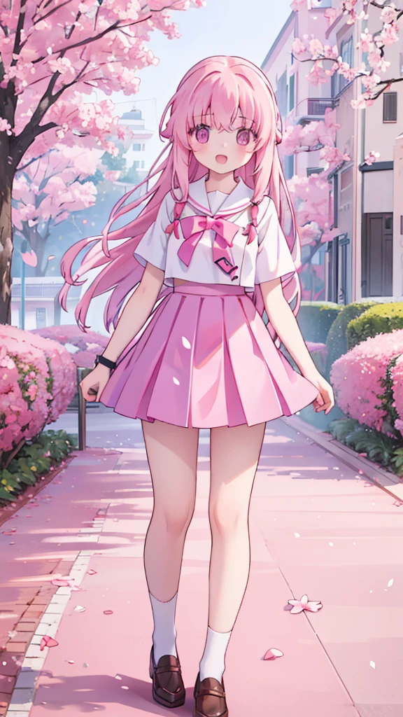 1girl solo pink hair, pink eyes with love, detailed eyes, straight hair, long hair, straight bangs, shiny hair,
,red bowtie,purple skirt,purple shirt,pleated skirt,short sleeves,looking at the bottom, laughter , open mouth, pink sakura trees and pink grass, in the middle of the sakura trees, sidewalking in the pink grass with pink flower petals on the ground high-definition,masterpiece, masterpiece, best quality, high resolution, aabeta, double, slim waist, cute, sailor uniform, sweet cute smile, happy, open mouth smile (PastelColors: 1.3)