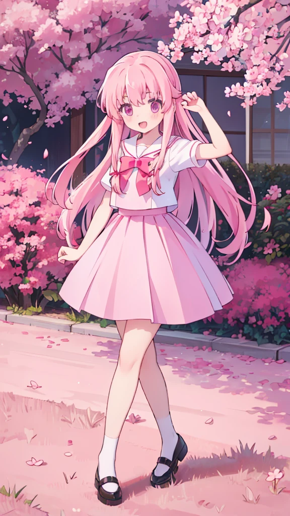 1girl solo pink hair, pink eyes with love, detailed eyes, straight hair, long hair, straight bangs, shiny hair,
,red bowtie,purple skirt,purple shirt,pleated skirt,short sleeves,looking at the bottom, laughter , open mouth, pink sakura trees and pink grass, in the middle of the sakura trees, sidewalking in the pink grass with pink flower petals on the ground high-definition,masterpiece, masterpiece, best quality, high resolution, aabeta, double, slim waist, cute, sailor uniform, sweet cute smile, happy, open mouth smile (PastelColors: 1.3)