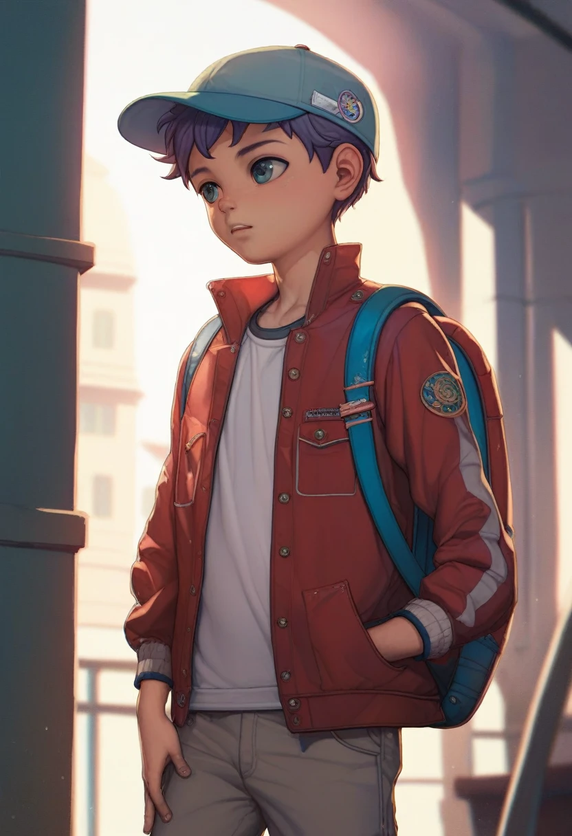 (((Masterpiece))), best quality, cowboy shot, perfect anatomy, realistic face, outdoors, sunny, warm sunlight, backlighting, dramatic lighting, painterly 1boy, (((shota))), wavy hair, solo, red jacket, three quarter view, cap, backpack, hand in pocket, oda non