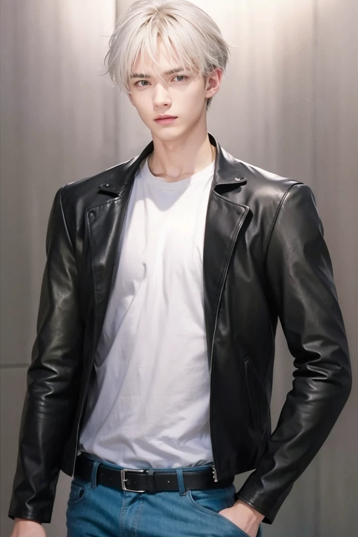 at office，wearing black leather coat，two block haircut, Attractive man，Live-action photo，Handsome and sunny，（SLR effect，Reality，8K，Hyper-detailing，Absolute realism）
