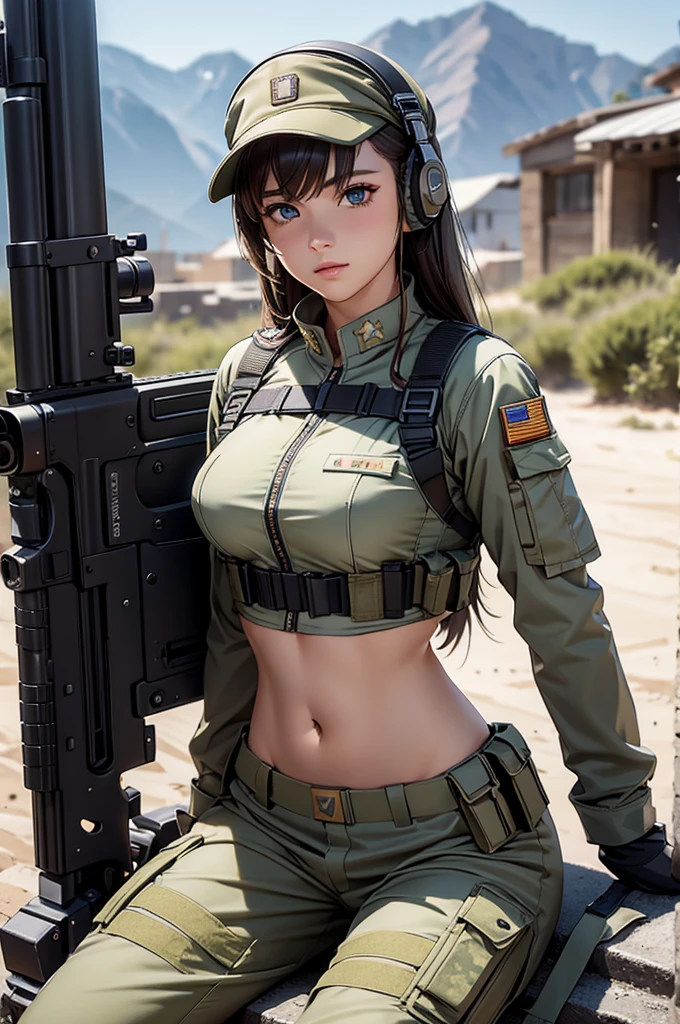 Woman in white holding a rifle and wearing headphones, 24 year old woman, young soldier, mechanized young soldier, Military Girl, beautiful female soldier, Female lead character, Military Girlราบ, Girl's sniper at war, solo female character, Future combat equipment, Half-body close-up, Woman wearing military bulletproof crop top, Show navel, Wear tactical equipment, Wear tactical armor., (realistic navel shape)