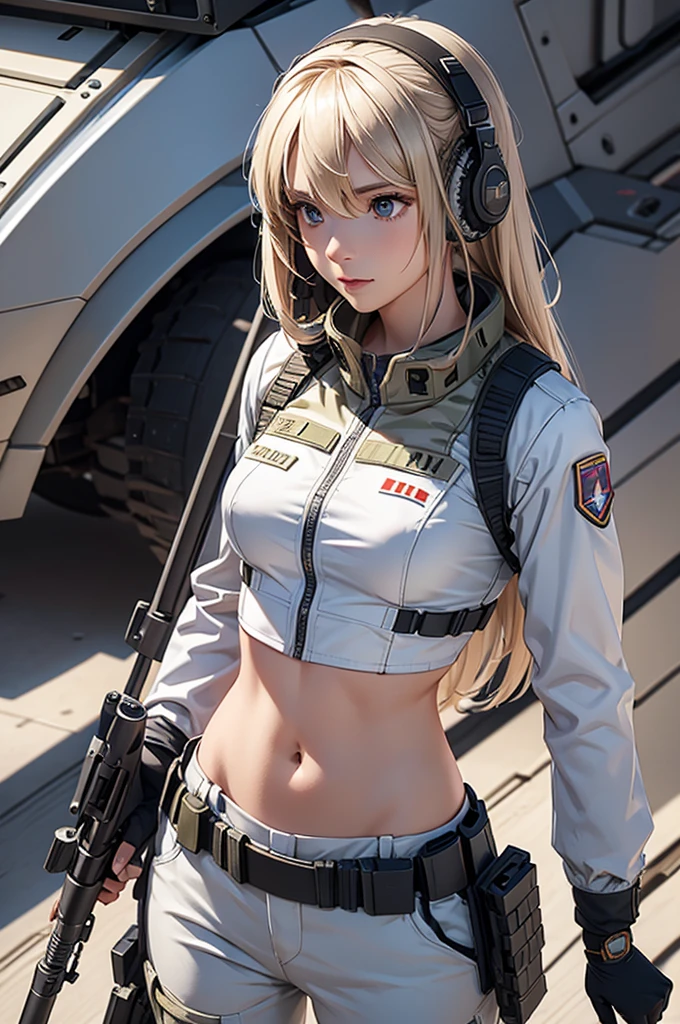 Woman in white holding a rifle and wearing headphones, 24 year old woman, young soldier, mechanized young soldier, Military Girl, beautiful female soldier, Female lead character, Military Girlราบ, Girl's sniper at war, solo female character, Future combat equipment, Half-body close-up, Woman wearing military bulletproof crop top, Show navel, Wear tactical equipment, Wear tactical armor., (realistic navel shape)