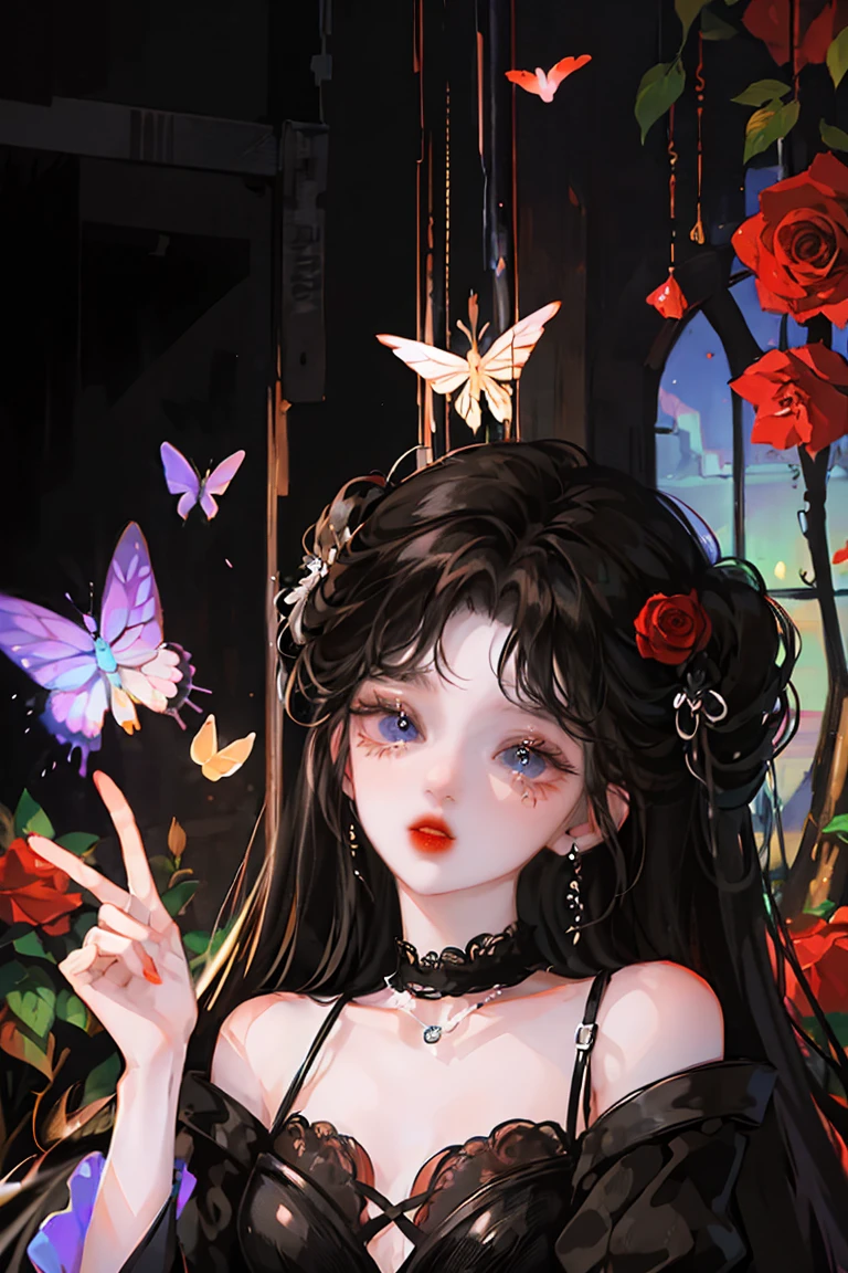 Two beautiful ones, Elegant girls.  her boyfriend, Black Dress, The strong one , Fantasy forest wallpaper, Butterflies, Colorful roses, vibrant, Very detailed, Masterpiece, High quality 