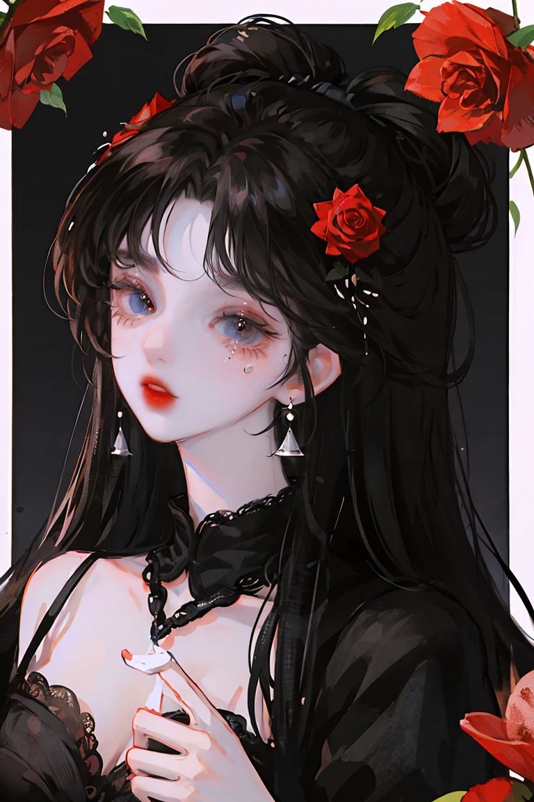 Two beautiful ones, Elegant girls.  her boyfriend, Black Dress, The strong one , Fantasy forest wallpaper, Butterflies, Colorful roses, vibrant, Very detailed, Masterpiece, High quality 