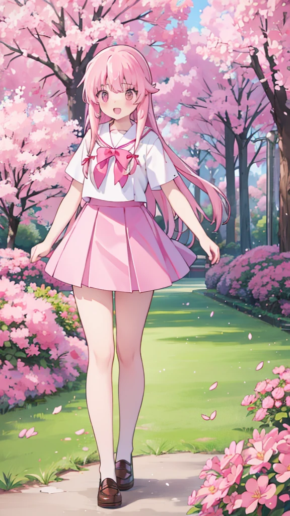 1girl solo pink hair, pink eyes with love, detailed eyes, straight hair, long hair, straight bangs, shiny hair,
,red bowtie,purple skirt,purple shirt,pleated skirt,short sleeves,looking at the bottom, laughter , open mouth, pink sakura trees and pink grass, in the middle of the sakura trees, sidewalking side view, the pink grass with pink flower petals on the ground high-definition,masterpiece, masterpiece, best quality, high resolution, aabeta, double, slim waist, cute, sailor uniform, sweet cute smile, happy, open mouth smile (PastelColors: 1.3)