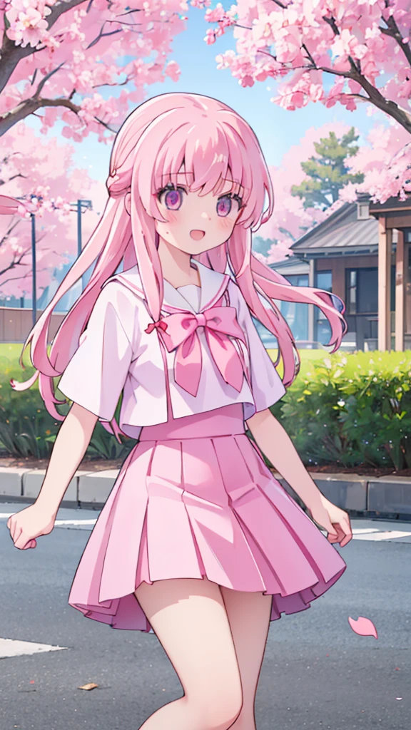 1girl solo pink hair, pink eyes with love, detailed eyes, straight hair, long hair, straight bangs, shiny hair,
,red bowtie,purple skirt,purple shirt,pleated skirt,short sleeves,looking at the bottom, laughter , open mouth, pink sakura trees and pink grass, in the middle of the sakura trees, sidewalking side view, the pink grass with pink flower petals on the ground high-definition,masterpiece, masterpiece, best quality, high resolution, aabeta, double, slim waist, cute, sailor uniform, sweet cute smile, happy, open mouth smile (PastelColors: 1.3)