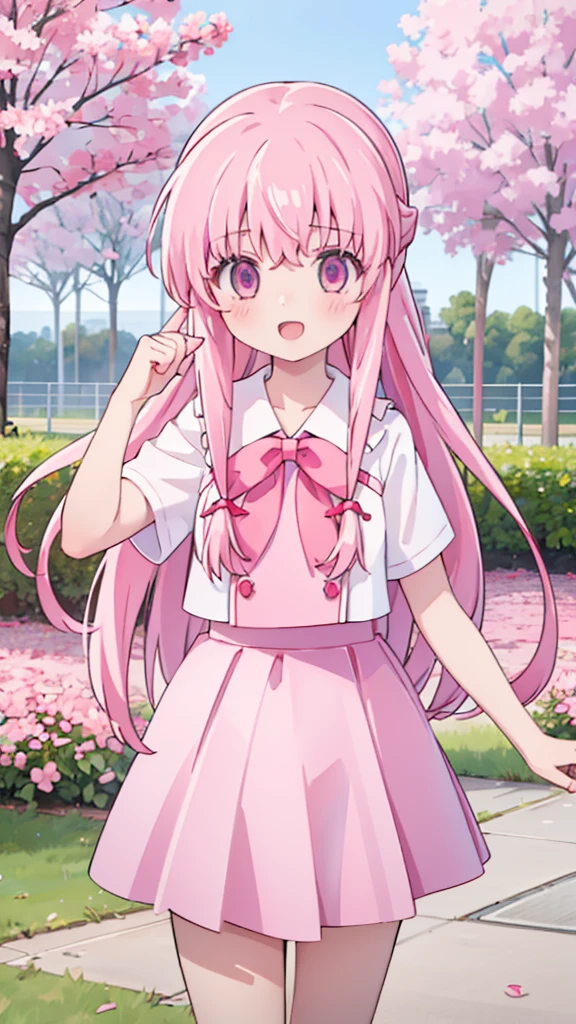 1girl solo pink hair, pink eyes with love, detailed eyes, straight hair, long hair, straight bangs, shiny hair,
,red bowtie,purple skirt,purple shirt,pleated skirt,short sleeves,looking at the bottom, laughter , open mouth, pink sakura trees and pink grass, in the middle of the sakura trees, sidewalking side view, the pink grass with pink flower petals on the ground high-definition,masterpiece, masterpiece, best quality, high resolution, aabeta, double, slim waist, cute, sailor uniform, sweet cute smile, happy, open mouth smile (PastelColors: 1.3)