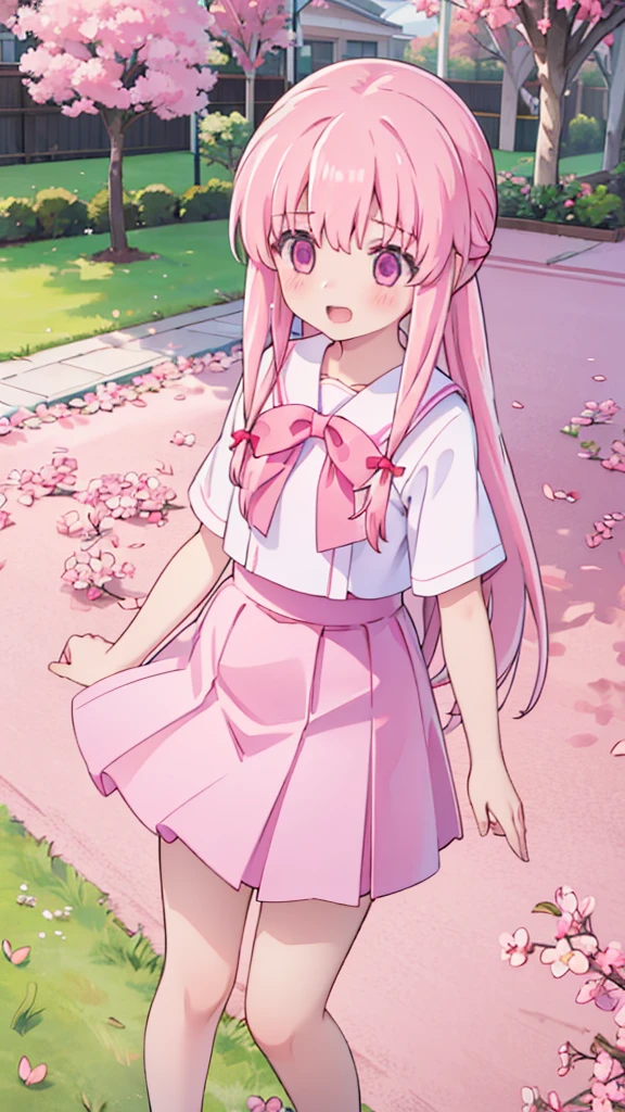 1girl solo pink hair, pink eyes with love, detailed eyes, straight hair, long hair, straight bangs, shiny hair,
,red bowtie,purple skirt,purple shirt,pleated skirt,short sleeves,looking at the bottom, laughter , open mouth, pink sakura trees and pink grass, in the middle of the sakura trees, sidewalking side view, the pink grass with pink flower petals on the ground high-definition,masterpiece, masterpiece, best quality, high resolution, aabeta, double, slim waist, cute, sailor uniform, sweet cute smile, happy, open mouth smile (PastelColors: 1.3)