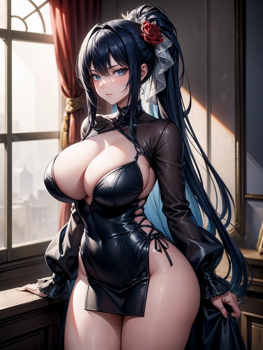 (masterpiece), best quality, highly detailed faces, (SHARP details), 4k, highly detailed, expressive eyes, SHARP detail expressive eyes, (SHARP detail perfect face), long hair, 27 year old woman, standing, modest courtesan dress, blue hair, indoors, clothed, huge breasts, mature, voluptuous, (taimanin asagi), taimanin ninja, modern brothel, prostitute, single flower hair ornament, nSFW, ponytail, standing, nice hips, solo