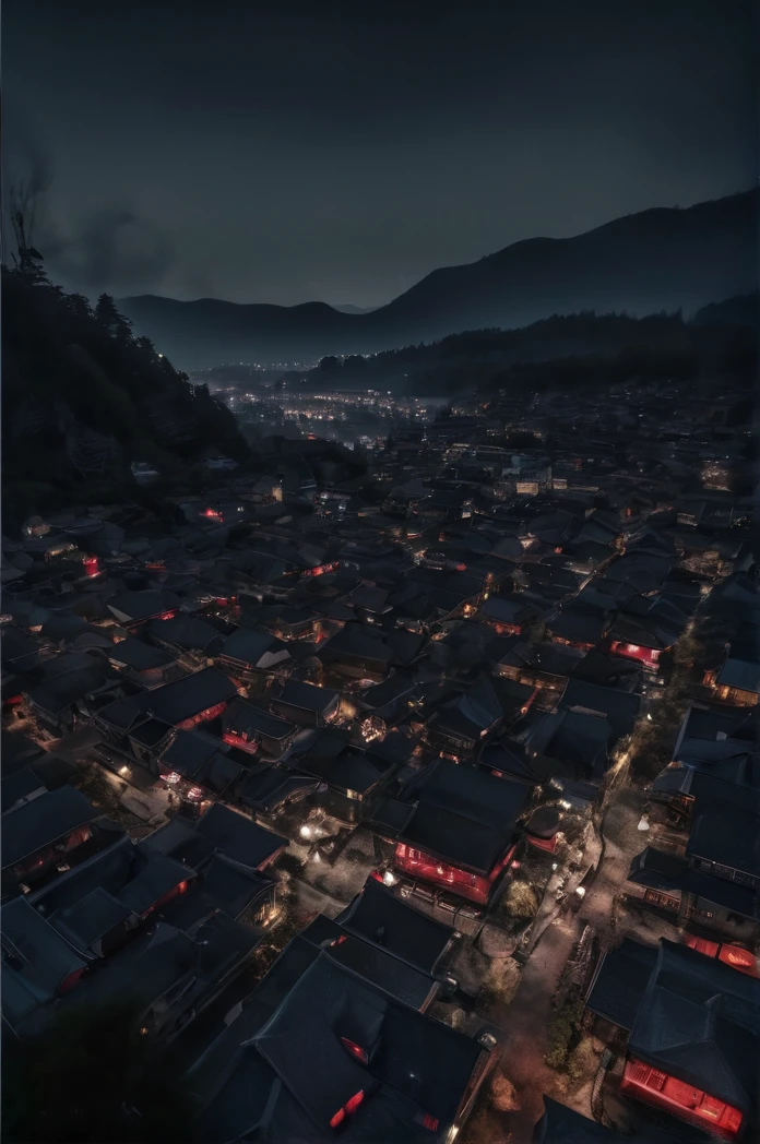 ４ｋ、Super Resolution、Aerial view of a small Japanese town at night、Super huge skeleton、Distinct bones、Red eyes、Shallow depth of field, Vignette, Very detailed, High budget, Bokeh, CinemaScope, Sulky, amazing, nice, Film Grain, granular . Creepy, Anxious, dark, Creepyな, Suspenseful, strict, Very detailed