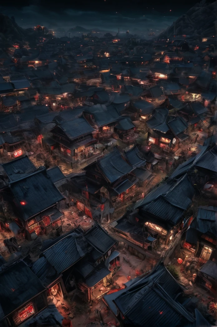 ４ｋ、Super Resolution、Aerial view of a small Japanese town at night、Super huge skeleton、Distinct bones、Red eyes、Shallow depth of field, Vignette, Very detailed, High budget, Bokeh, CinemaScope, Sulky, amazing, nice, Film Grain, granular . Creepy, Anxious, dark, Creepyな, Suspenseful, strict, Very detailed