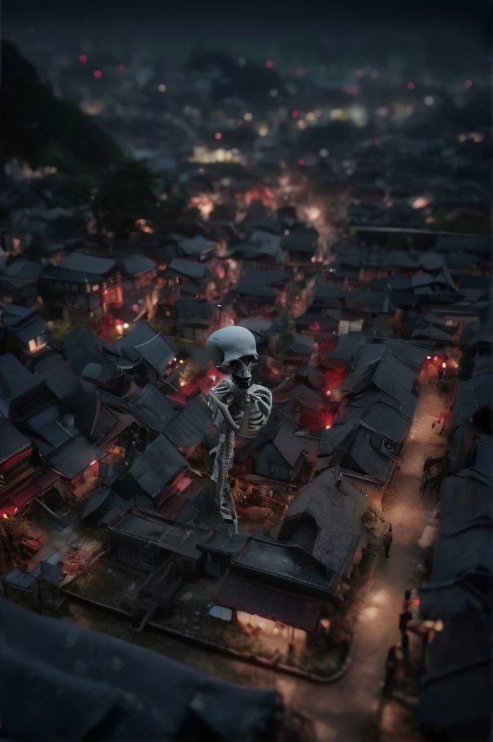 4k、Super Resolution、Aerial view of a small Japanese town at night、Super huge skeleton、Distinct bones、Red eyes、Shallow depth of field, Vignette, Very detailed, High budget, Bokeh, CinemaScope, Sulky, amazing, nice, Film Grain, granular . Creepy, Anxious, dark, Creepyな, Suspenseful, strict, Very detailed