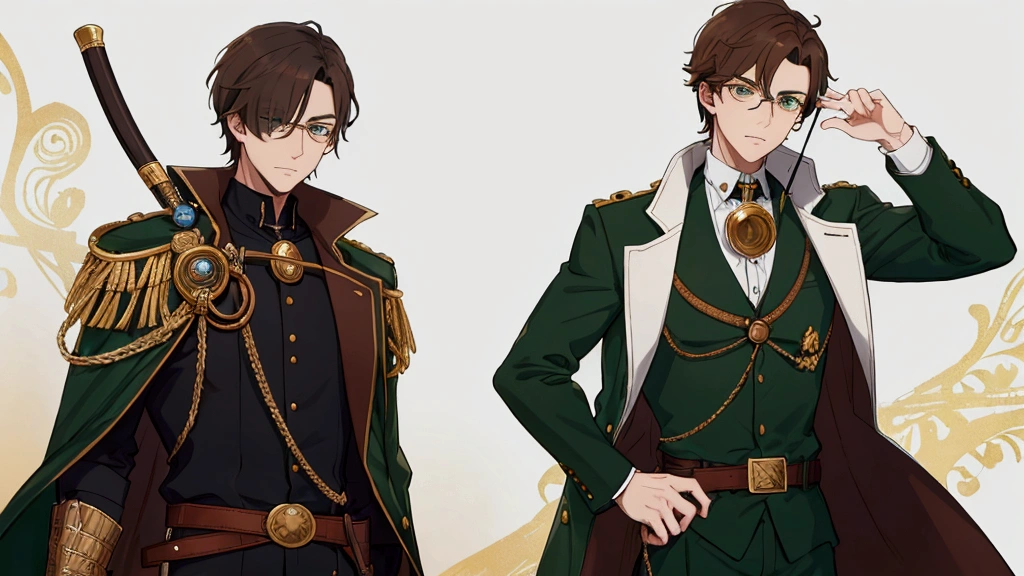 guy, brown hair, green eyes, monocle on his left eye, dark blue mantle, gray shirt under the mantle, brown belt belt, gold bar on the belt