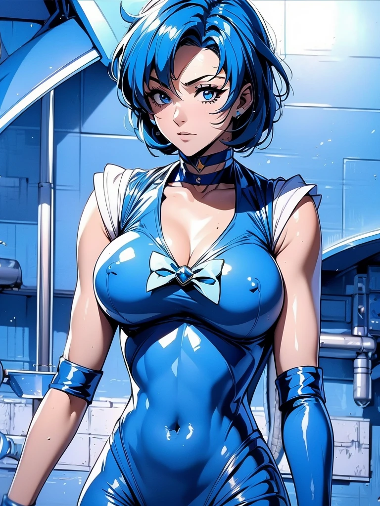 Sailor mercury in full police suit,long blue hair,Blue Power Ranger, hurricane ,Sexy goth woman big breast, character sheet,inside a pool,High Resolution, Large breasts, cyber samurai,
