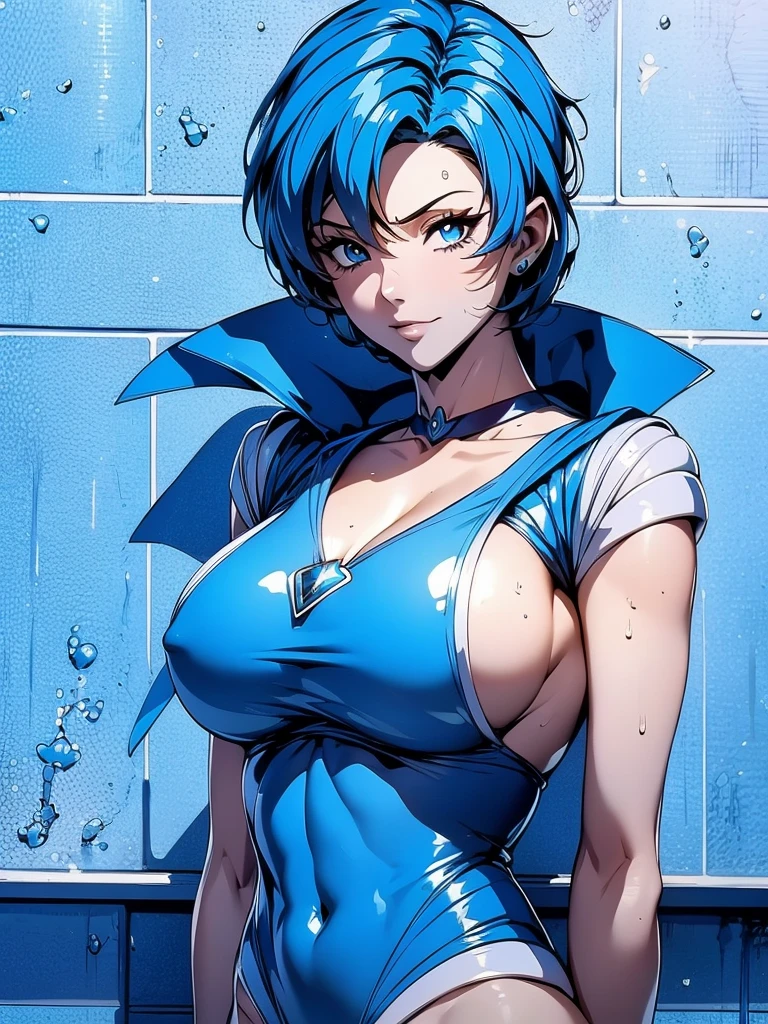 Sailor mercury in full police suit,long blue hair,Blue Power Ranger, hurricane ,Sexy goth woman big breast, character sheet,inside a pool,High Resolution, Large breasts, cyber samurai,
