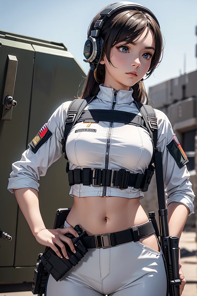 Woman in white holding a rifle and wearing headphones, 24 year old woman, young soldier, mechanized young soldier, Military Girl, beautiful female soldier, Female lead character, Military Girlราบ, Girl's sniper at war, solo female character, Future combat equipment, Half-body close-up, Woman wearing military bulletproof crop top, Show navel, Wear tactical equipment, Wear tactical armor., (realistic navel shape)