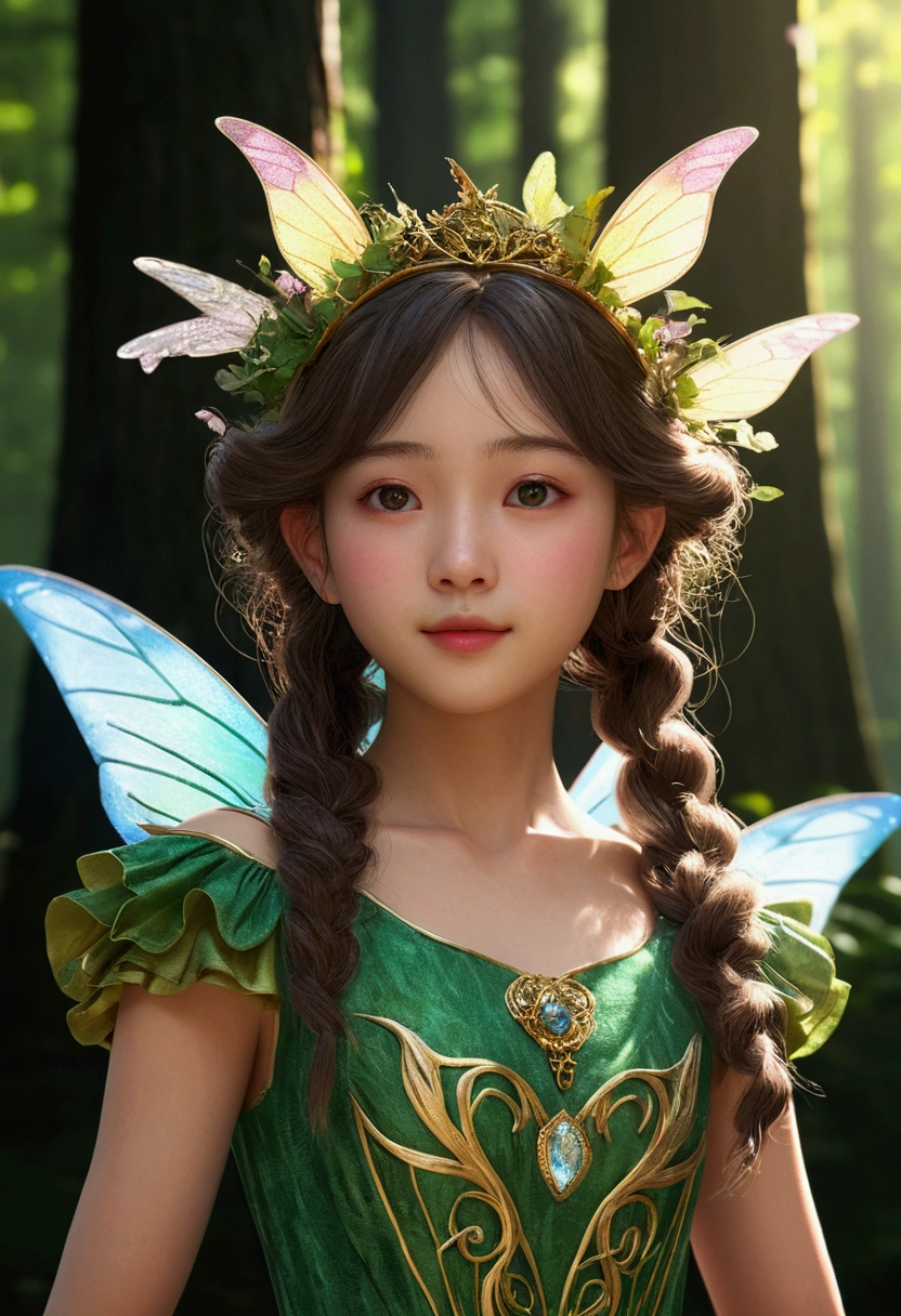 Absurd、4K、Full HD、masterpiece、Highest quality、Super detailed、beautiful、Extremely detailed、Fairy Girl、、happiness、Lean on、In the woods、Photorealistic、Hyper-realistic photography、3D Rendering、 3D Model、Concept Art、Main artwork、Medium Shot、dappled sunlight、Dramatic lighting、beautiful顔の描写 ,(Exquisite costume details: 1.3),Mysterious Forest,A magical light-filled space,,Patting the head of a fantasy creature