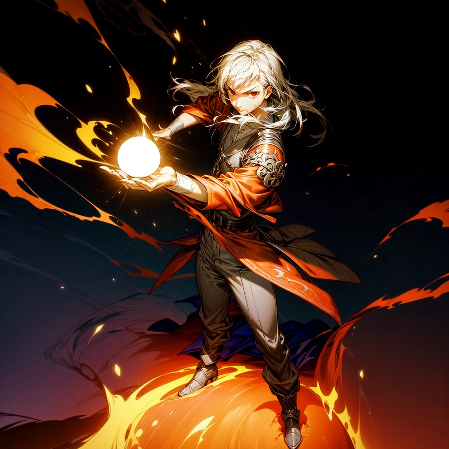 1boy, muscle, Full body version, 1character, red eyes, long haircut, silver colour hair, Ancient Roman clothing, Grassroots, full background in square Castleford, motion blur, lighting, (one piece art), standing gesture, boots, long pants, armors, big ball flame on hand, smoke effect, Fire effect on background, plasma effect, blood on face, high angle view 