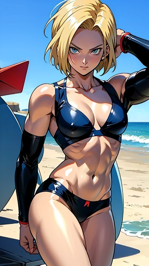 アニメ cel-shading (Android 18), blue bikini, on the beach in ((anime + manga + comics + cartoon) style)