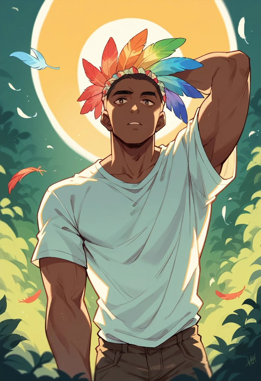 indigenous, colorful feather headdress, at the forest, with white rainbow bird shirt, dark skin and golden sun behind the head