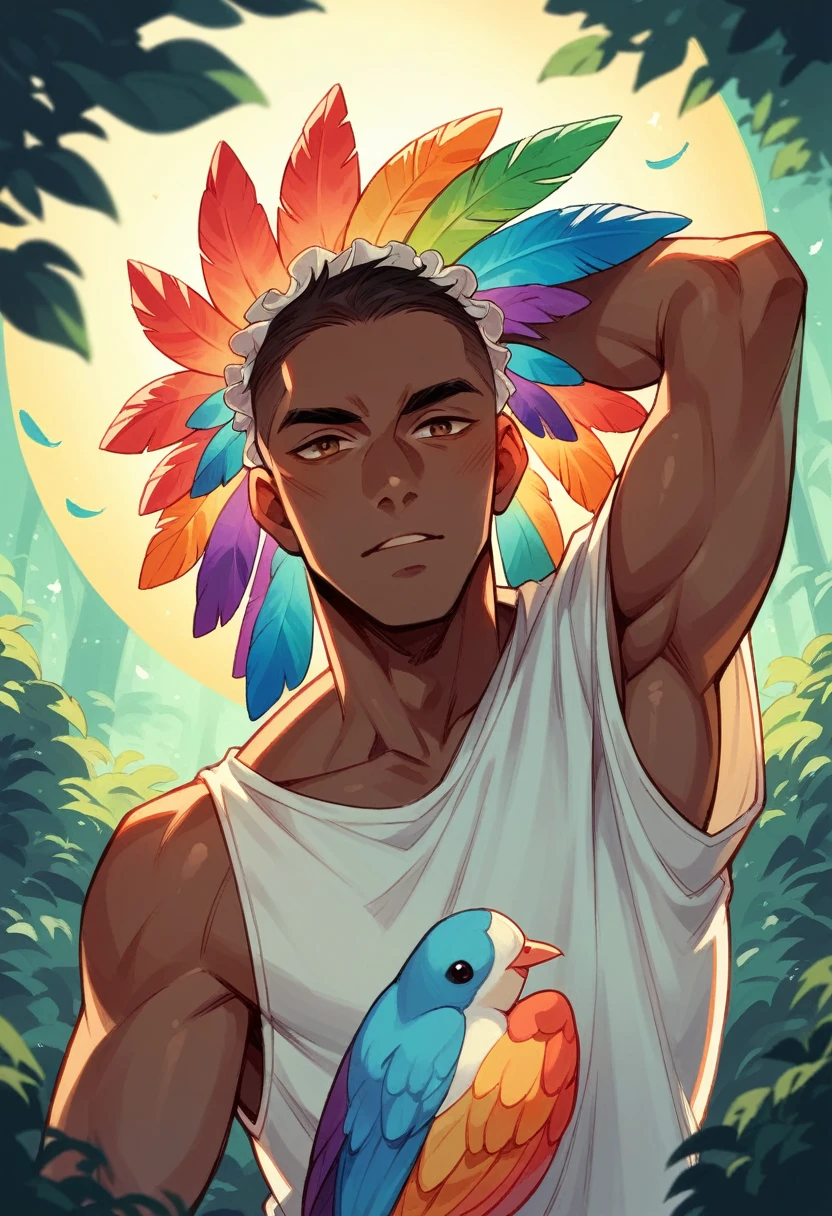 indigenous, colorful feather headdress, at the forest, with white rainbow bird shirt, dark skin and golden sun behind the head