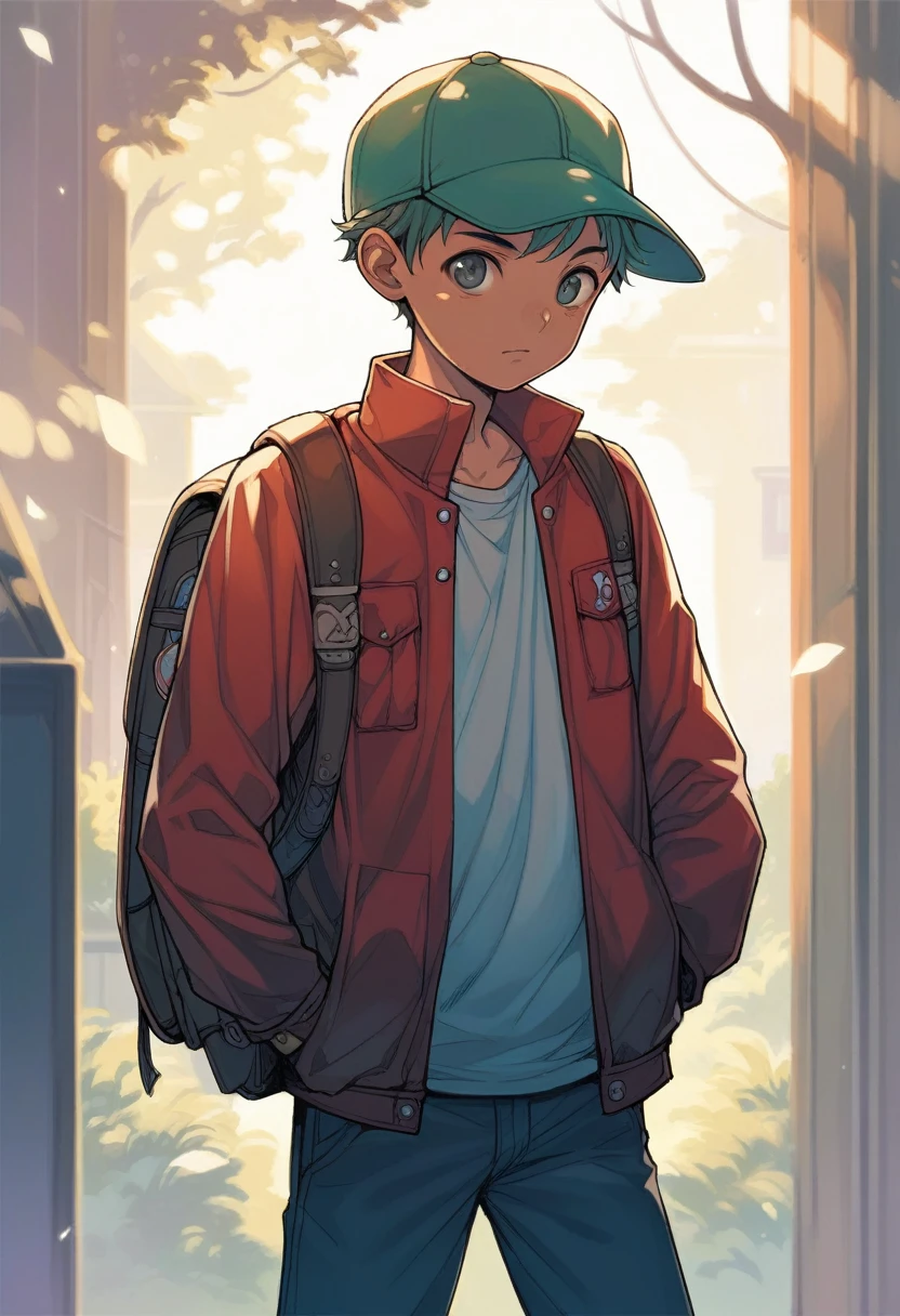 (((Masterpiece))), best quality, cowboy shot, perfect anatomy, realistic face, outdoors, sunny, warm sunlight, backlighting, dramatic lighting, painterly 1boy, (((shota))), wavy hair, solo, red jacket, three quarter view, cap, backpack, hand in pocket, oda non