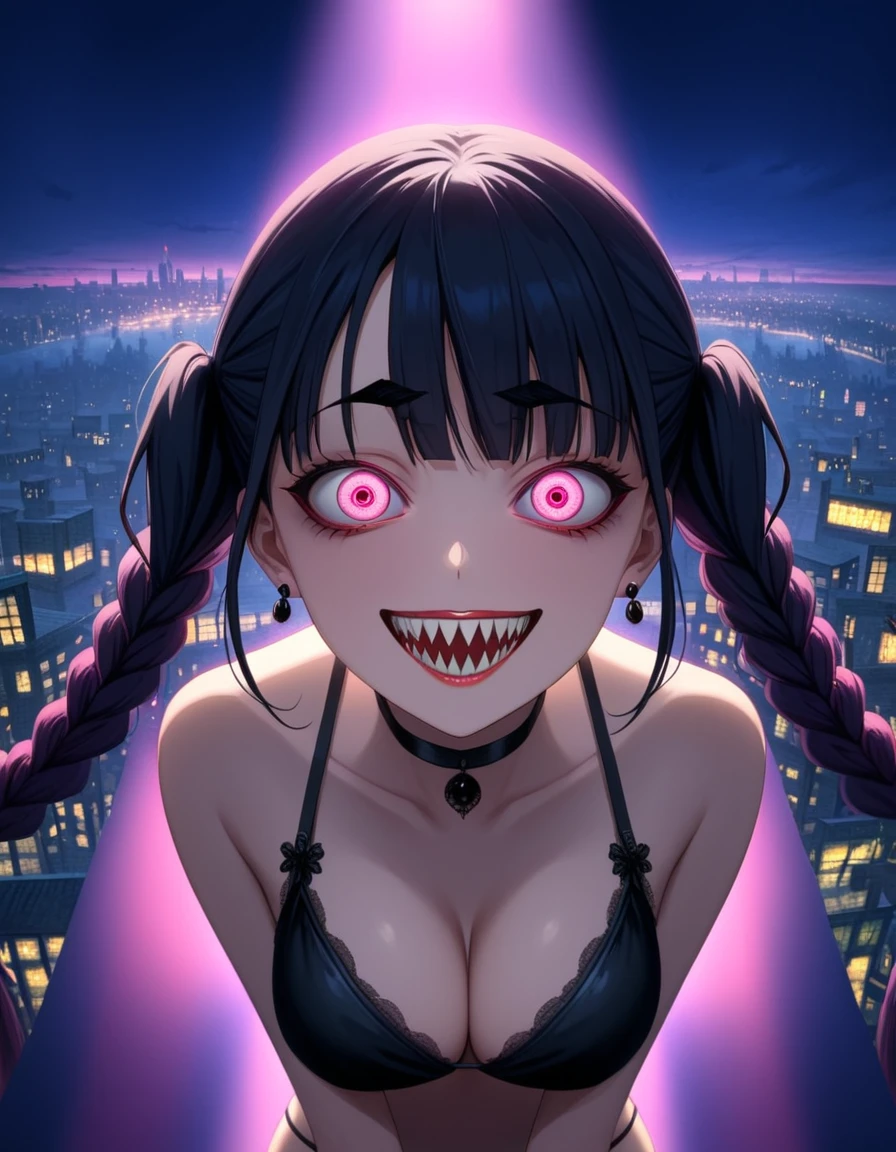 (Two Braided twintails, black hair, pink eyes:1.3), masterpiece,1girl, solo, (masterpiece, best quality, colorful), volumetric light, backlighting, best shadows, (1girl:1.1), from below, leaning forward, looking at the viewer, BREAK, (thick eyebrows:1.1), (eyeliner:1.3), (crazy eyes:1.3), maniac, chaotic, open mouth, tongue, wide grin, (crazy grin:1.3), (sharp teeth:1.2), (yandere:1.3), BREAK, (black goth bikini), cleavage, gothic, choker, earrings, BREAK, (madness, insane:1.2), loosing mind, night, fading lights, mist, city, darkness,