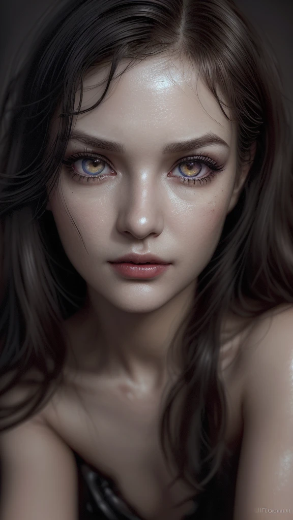 ((photoshotrrealista)), photoshot, 32 mil, dr, (ultra detailed face and eyes: 1.3),dark shaped eyes, (cinematic shot). slender 25 year old girl, (eye make up, mascara, long eyelashes), (detailed full lips), with some very subtle expression marks on the face,(Wavy dark hair), (detailedeyes:1.1), (ultra detailed leather: 1.3). Full length, sitting not sofa. in a dark room, (poor lighting) , ((Shallow depth of field, bokeh)). Warm frame atmosphere, Blurred dark background, (((granularity))), blossom, sheen, ultra detail. totally naked