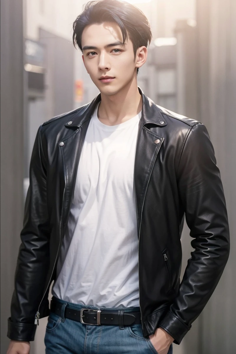 at office，wearing black leather coat，two block haircut, Attractive man，Live-action photo，Handsome and sunny，（SLR effect，Reality，8K，Hyper-detailing，Absolute realism）