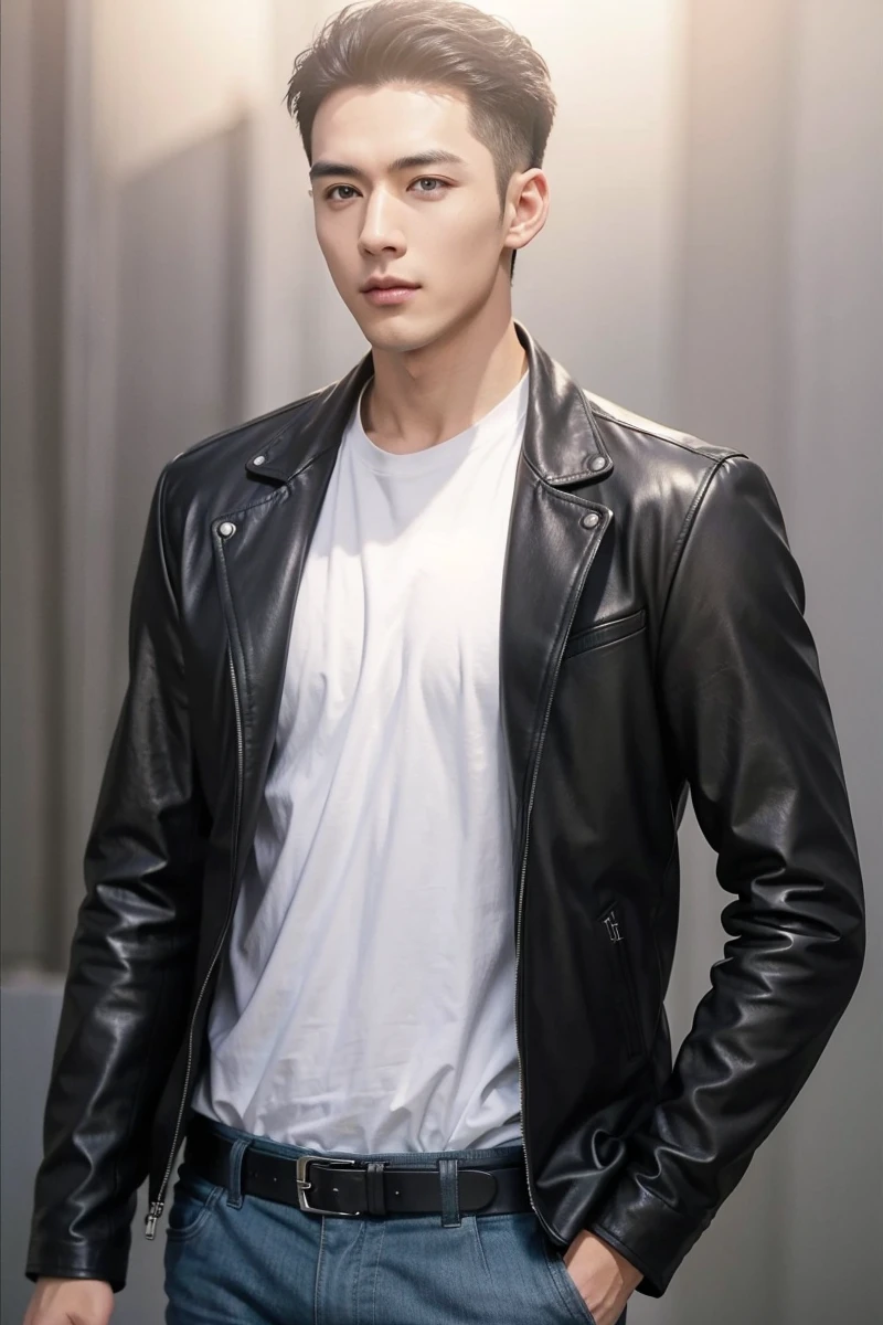 at office，wearing black leather coat，two block haircut, Attractive man，Live-action photo，Handsome and sunny，（SLR effect，Reality，8K，Hyper-detailing，Absolute realism）
