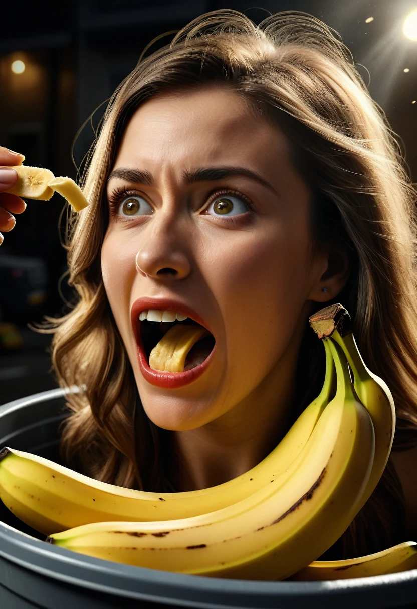 A stunning, hyper-realistic illustration of a woman reacting with shock as she places a banana peel into a dustbin. The composition captures her half-body and facial expression in extreme close-up, using a fish-eye lens to emphasize the intricacy of her emotions. The background is a blend of digital painting and 3D rendering, featuring an urban landscape with dramatic lighting and volumetric effects. The image showcases a wide array of technical advancements, such as unreal engine, DOF, super-resolution, anti-aliasing methods, and tone mapping, resulting in ultra-photorealistic, ultra-detailed, and intricately rendered visuals.